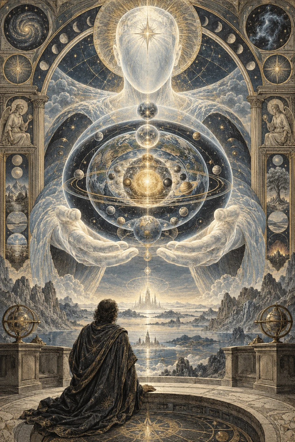Interpretive illustration of divine Intellect holding a cosmos of living forms